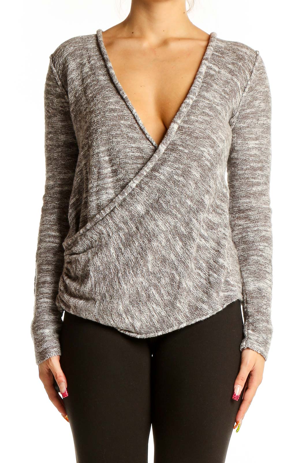 Front view of gray wrap-style knit sweater from Free People