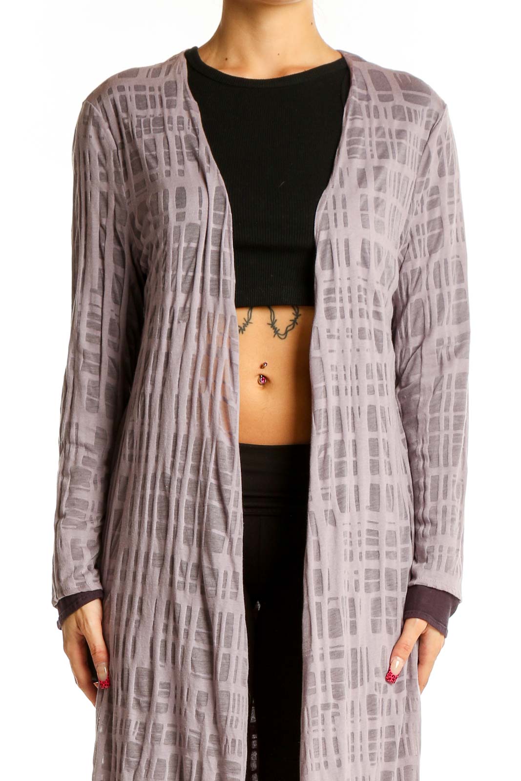 Front view of Marla Wynne gray geometric pattern long cardigan