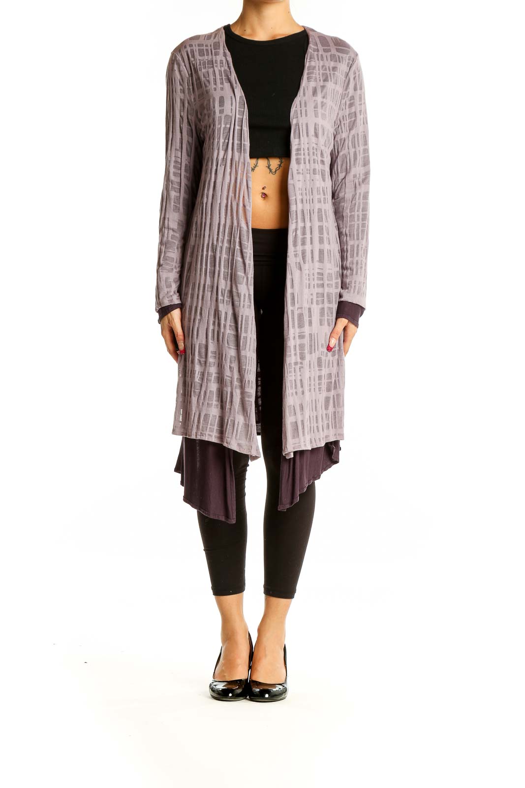 Front view of Marla Wynne gray geometric pattern long cardigan