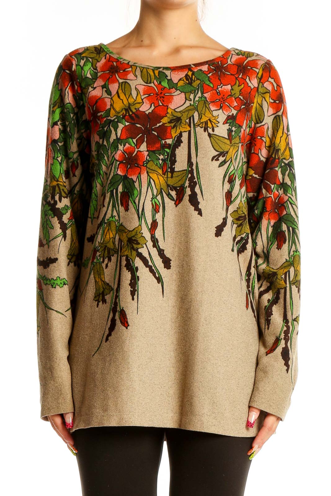 Front view of SimontonSays beige knit top with red floral print and long sleeves