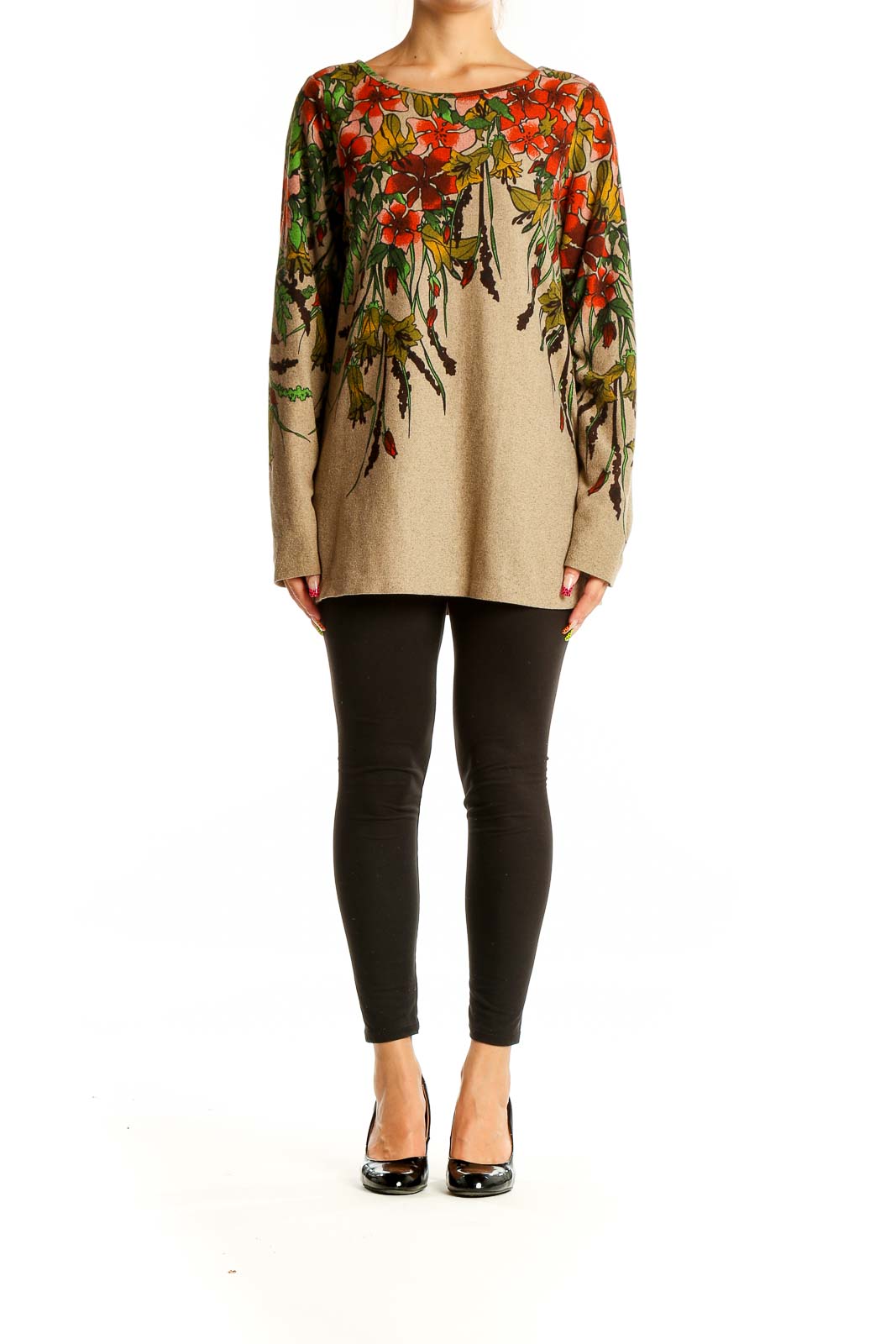 Front view of SimontonSays beige knit top with red floral print and long sleeves