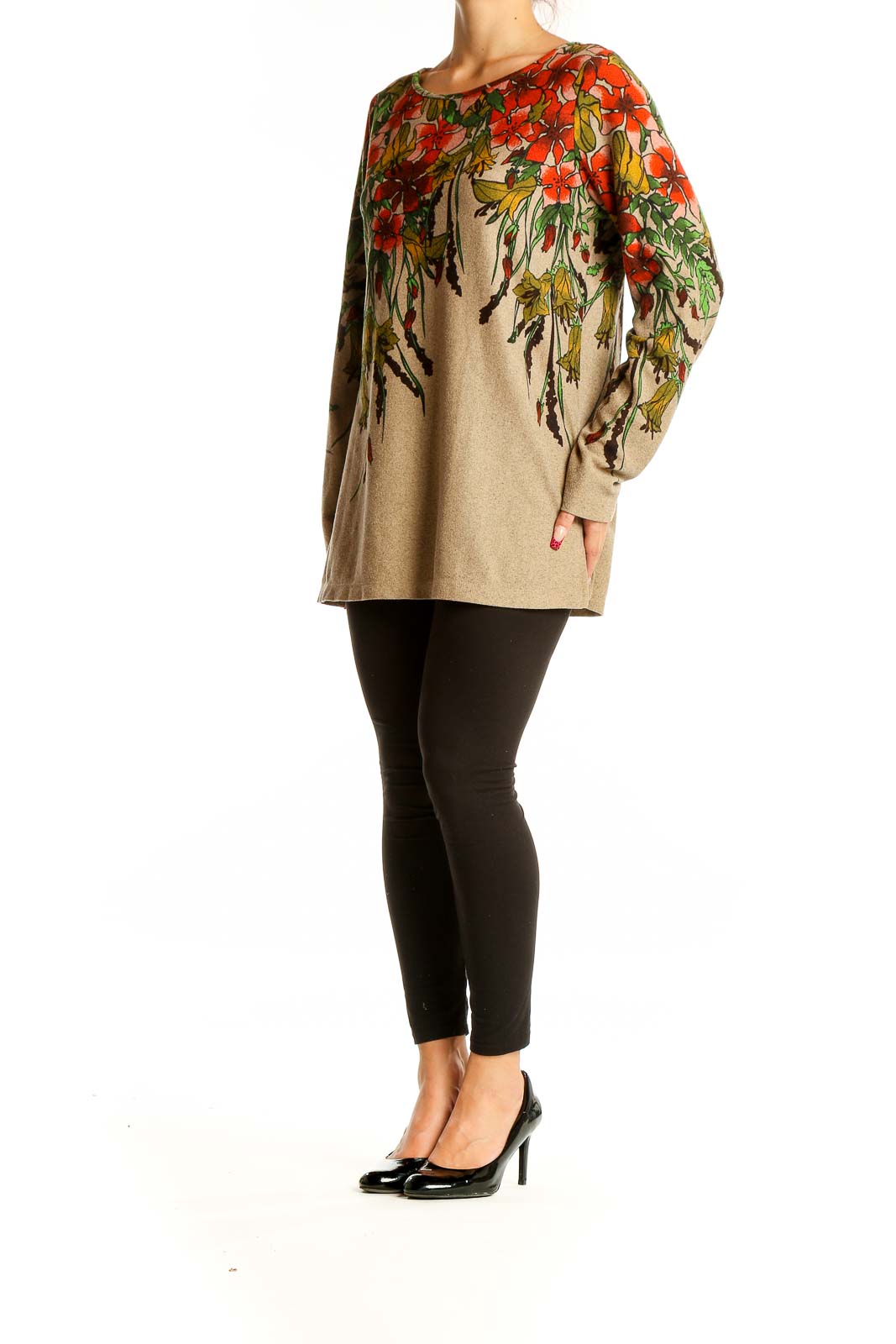 Front view of SimontonSays beige knit top with red floral print and long sleeves