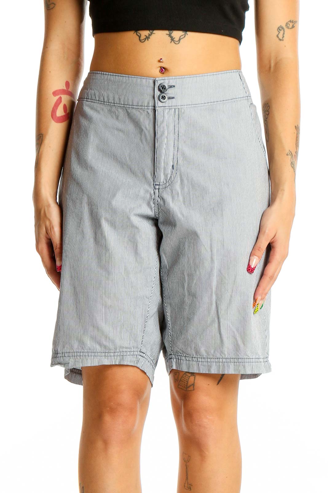 Front view of gray striped Columbia Bermuda shorts with button closure