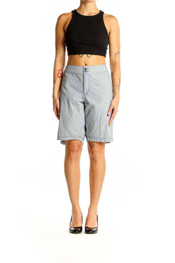 Front view of gray striped Columbia Bermuda shorts with button closure