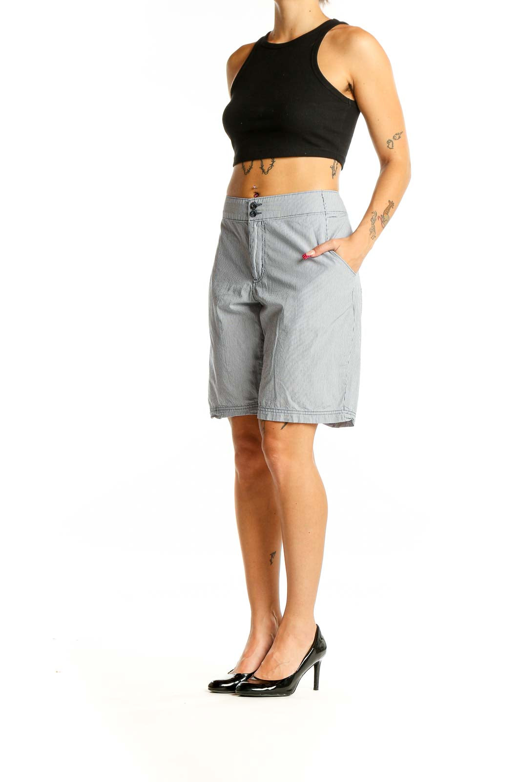 Front view of gray striped Columbia Bermuda shorts with button closure