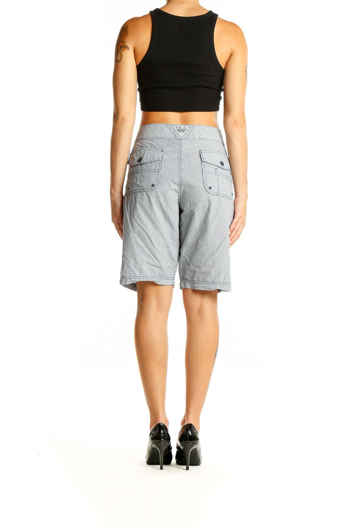 Back view of gray striped Columbia Bermuda shorts showing rear pockets