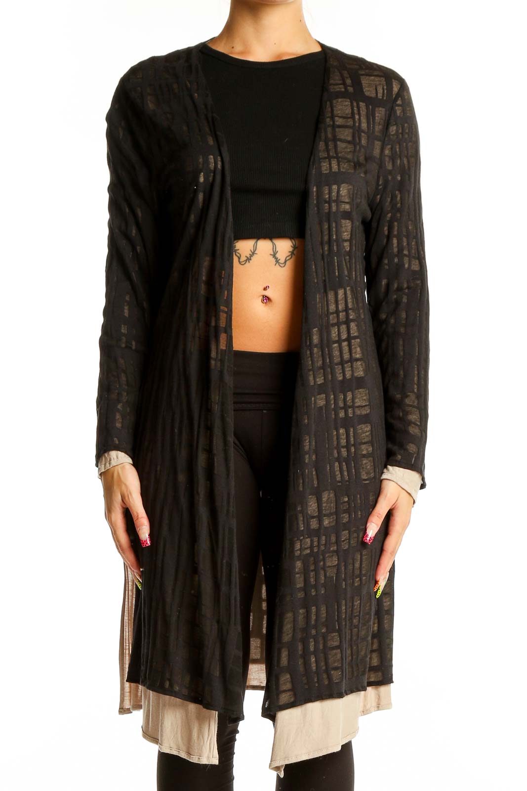 Front view of Marla Wynne black sheer geometric patterned long cardigan