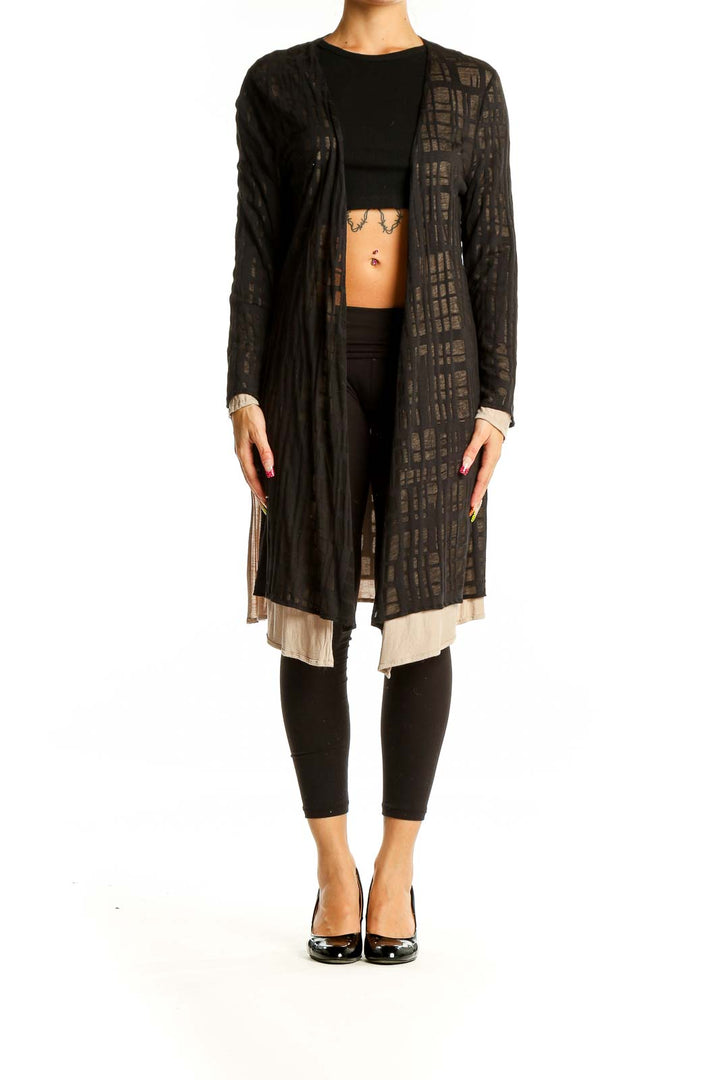 Front view of Marla Wynne black sheer geometric patterned long cardigan