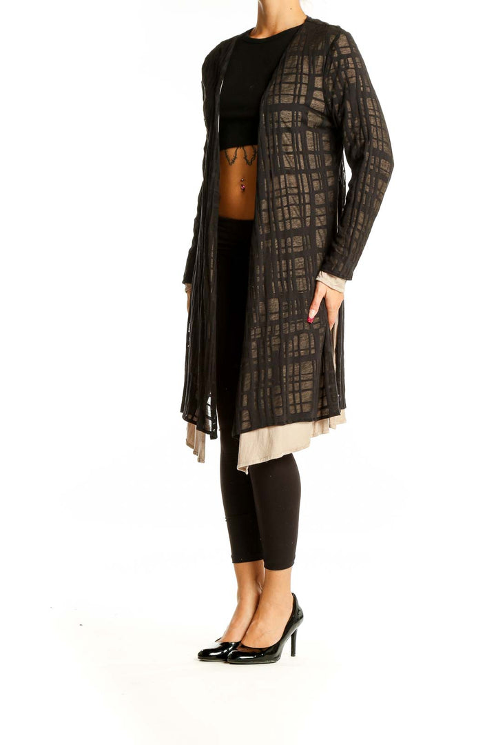 Front view of Marla Wynne black sheer geometric patterned long cardigan