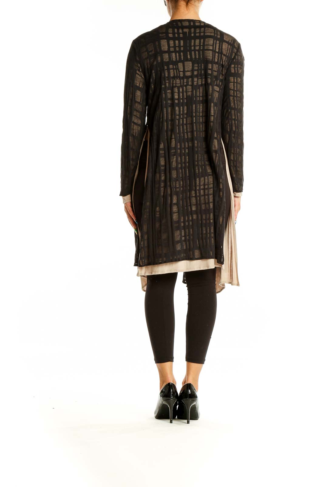 Back view of Marla Wynne black sheer geometric patterned long cardigan