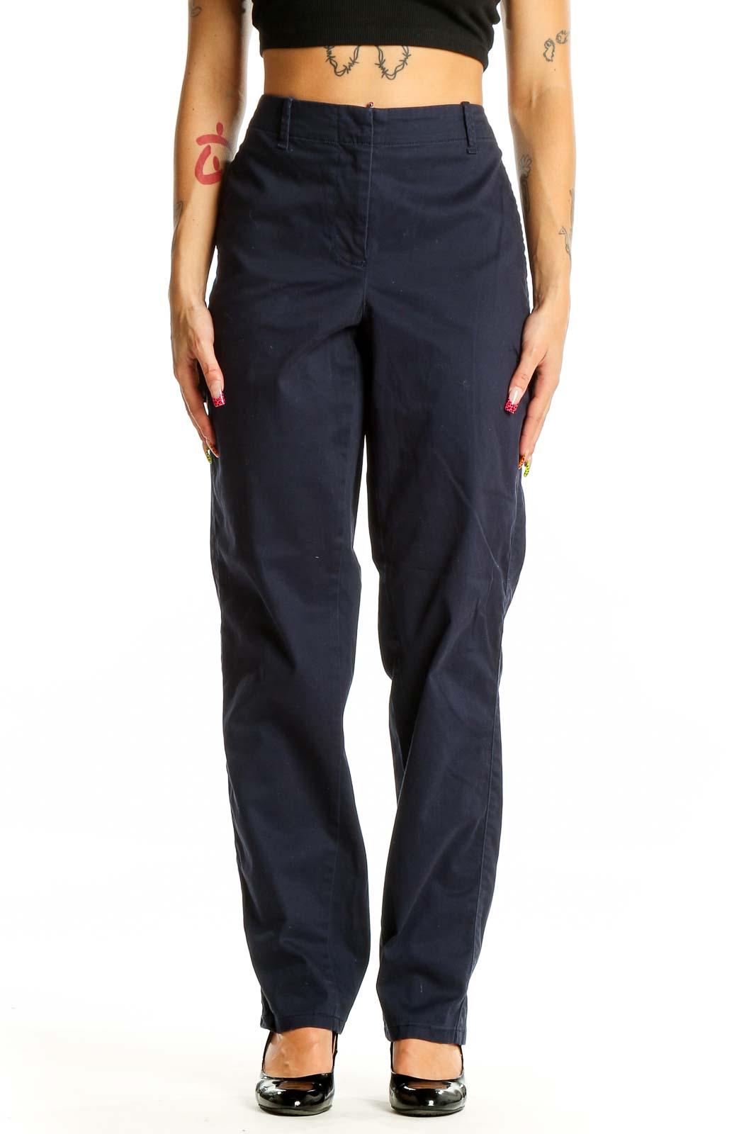 Front view of J.Jill navy straight leg pants on model