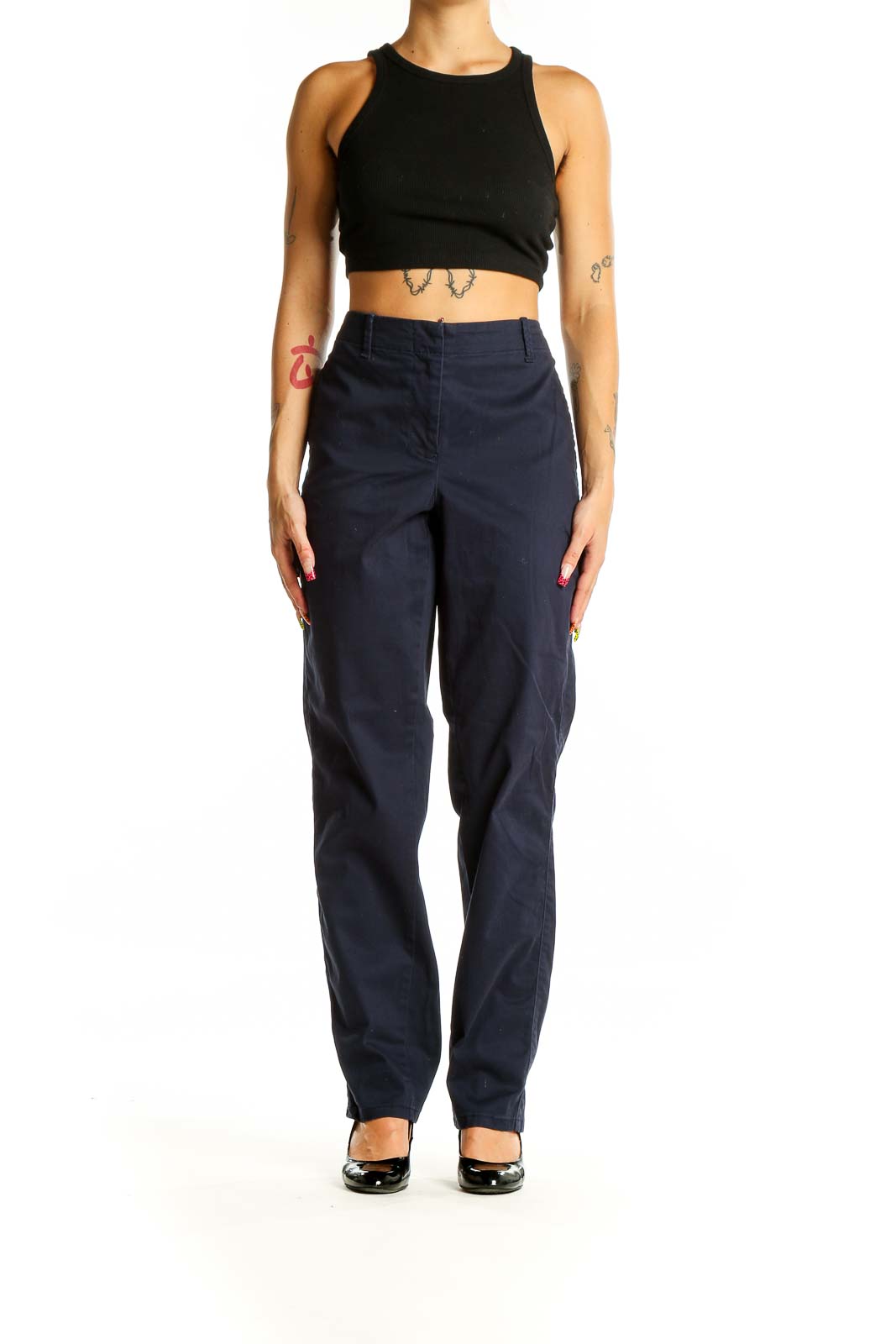 Front view of J.Jill navy straight leg pants on model