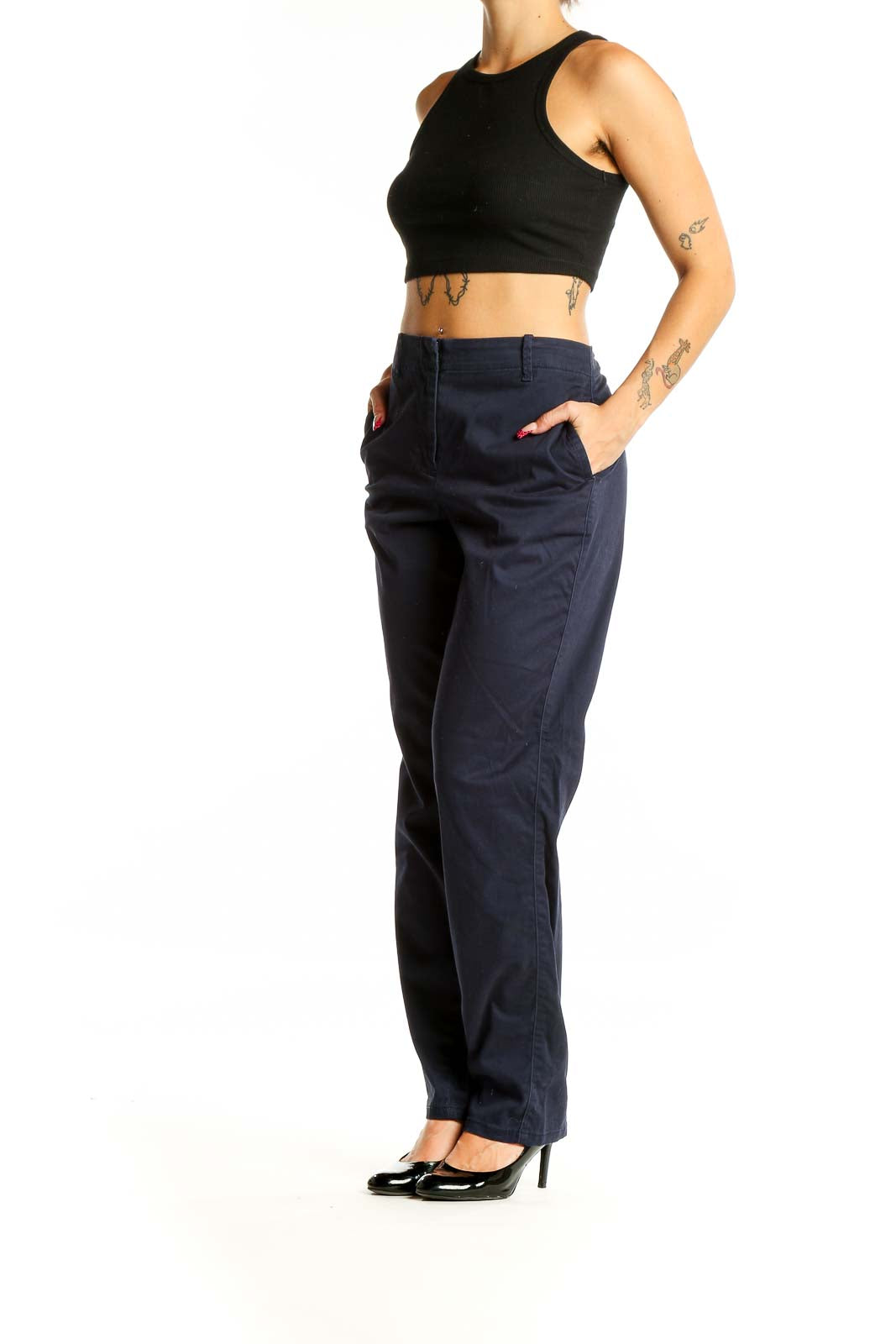 Front view of J.Jill navy straight leg pants on model