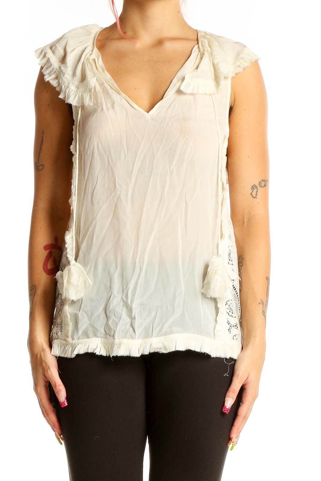 Front view of PEPIN cream sleeveless blouse with ruffled V-neck