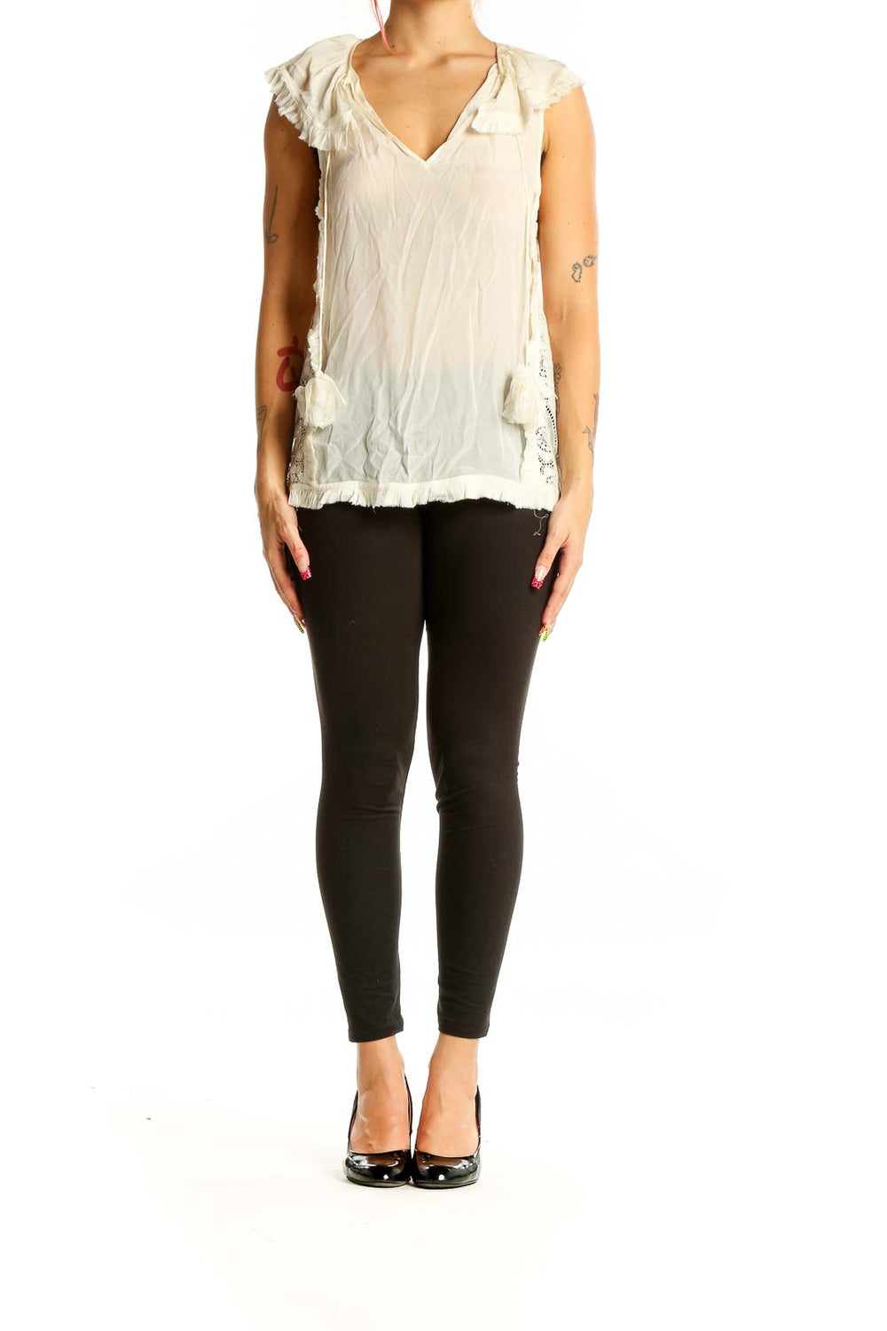 Front view of PEPIN cream sleeveless blouse with ruffled V-neck