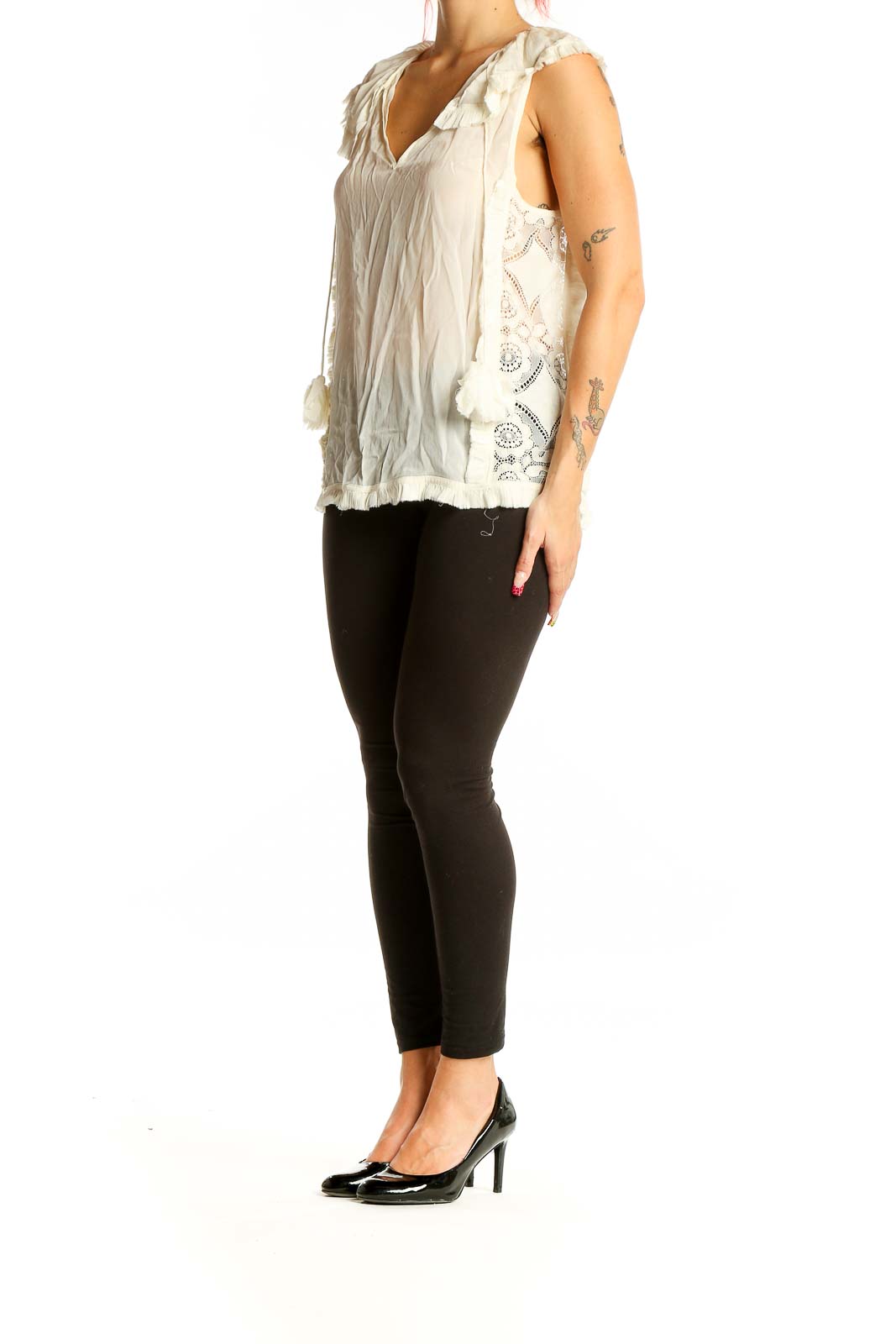 Front view of PEPIN cream sleeveless blouse with ruffled V-neck