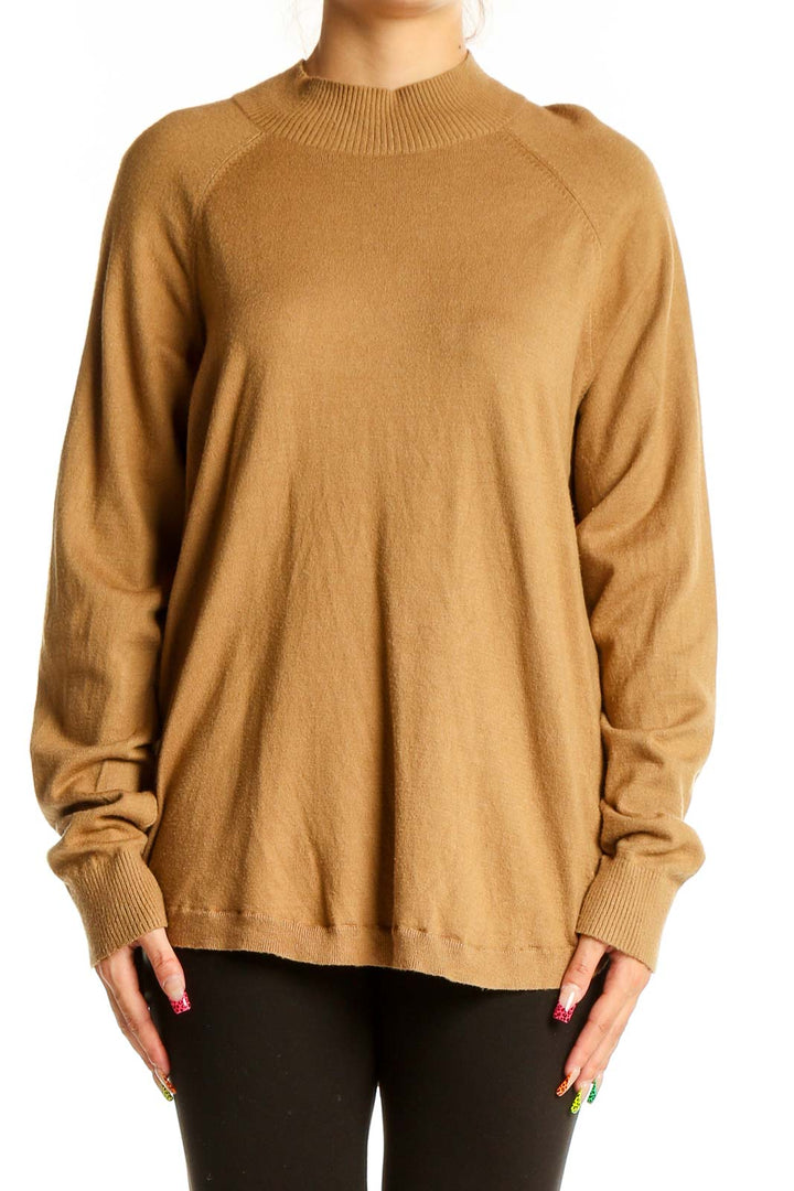 Front view of camel Michael Kors mock neck sweater with raglan sleeves