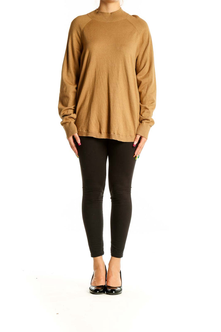 Front view of camel Michael Kors mock neck sweater with raglan sleeves