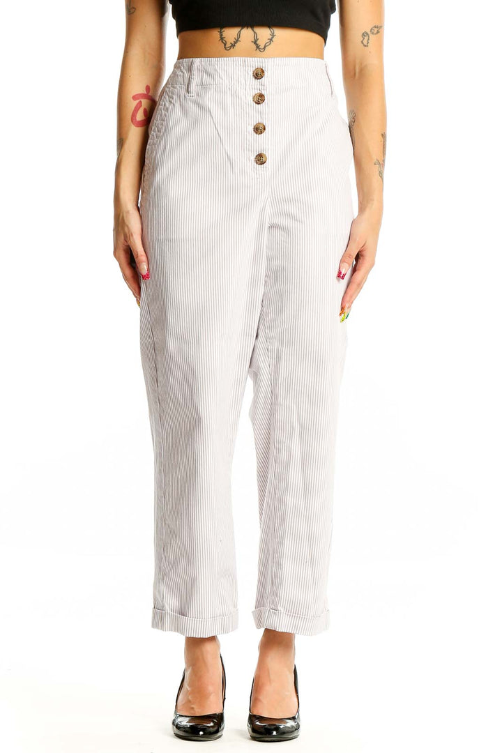 Front view of Talbots white striped cropped pants with button-front closure