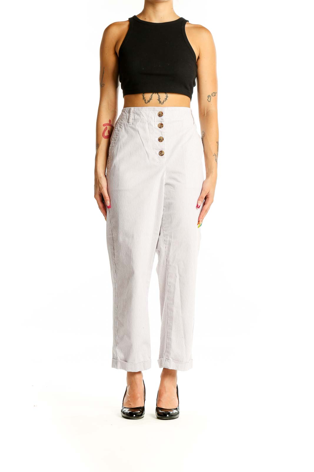 Front view of Talbots white striped cropped pants with button-front closure