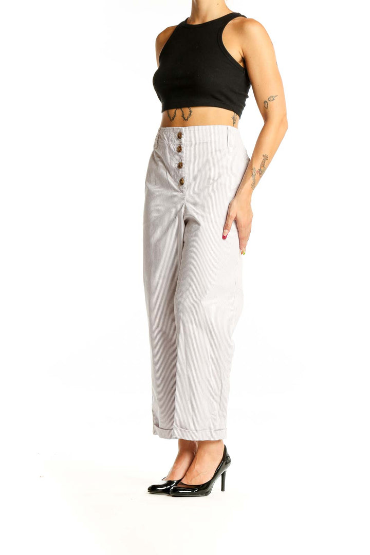 Front view of Talbots white striped cropped pants with button-front closure