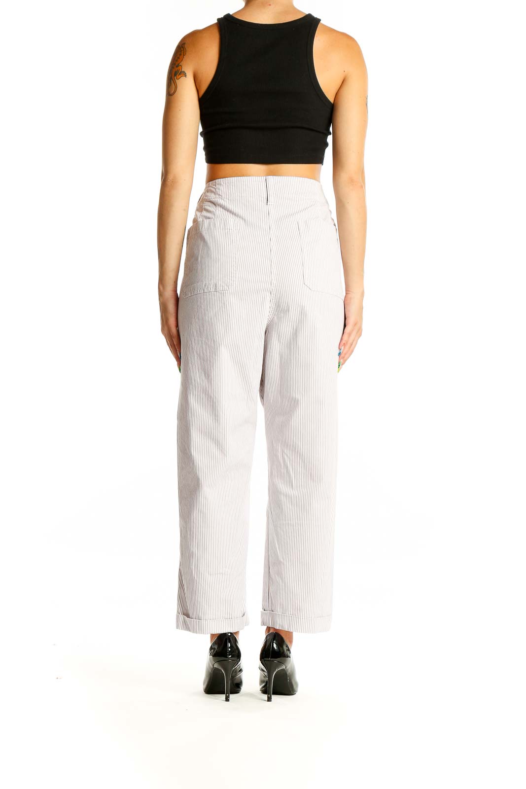 Back view of Talbots white striped cropped pants showing relaxed fit