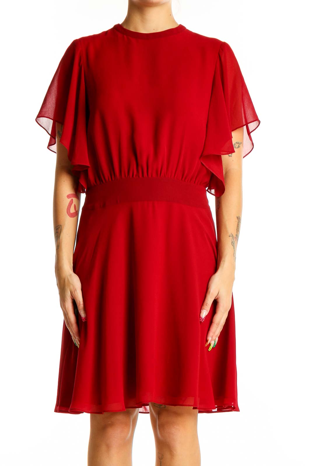 Front view of Rebecca Minkoff red chiffon cocktail dress with flutter sleeves