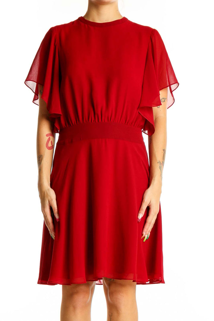 Front view of Rebecca Minkoff red chiffon cocktail dress with flutter sleeves