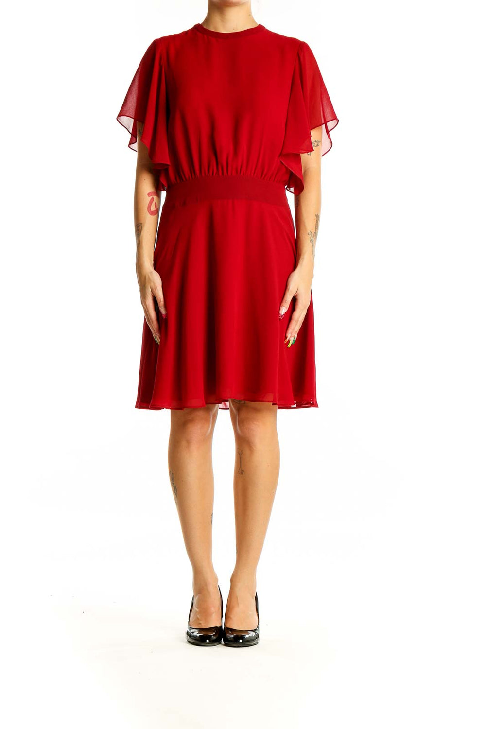 Front view of Rebecca Minkoff red chiffon cocktail dress with flutter sleeves