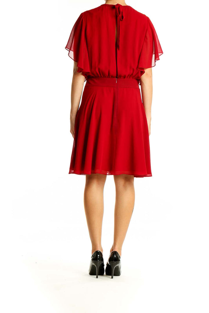 Back view of Rebecca Minkoff red chiffon cocktail dress showing zipper closure