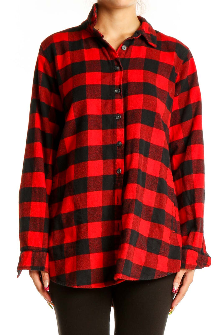 Front view of Joan Rivers red and black buffalo check flannel shirt