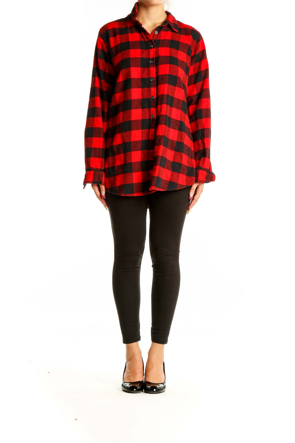 Front view of Joan Rivers red and black buffalo check flannel shirt