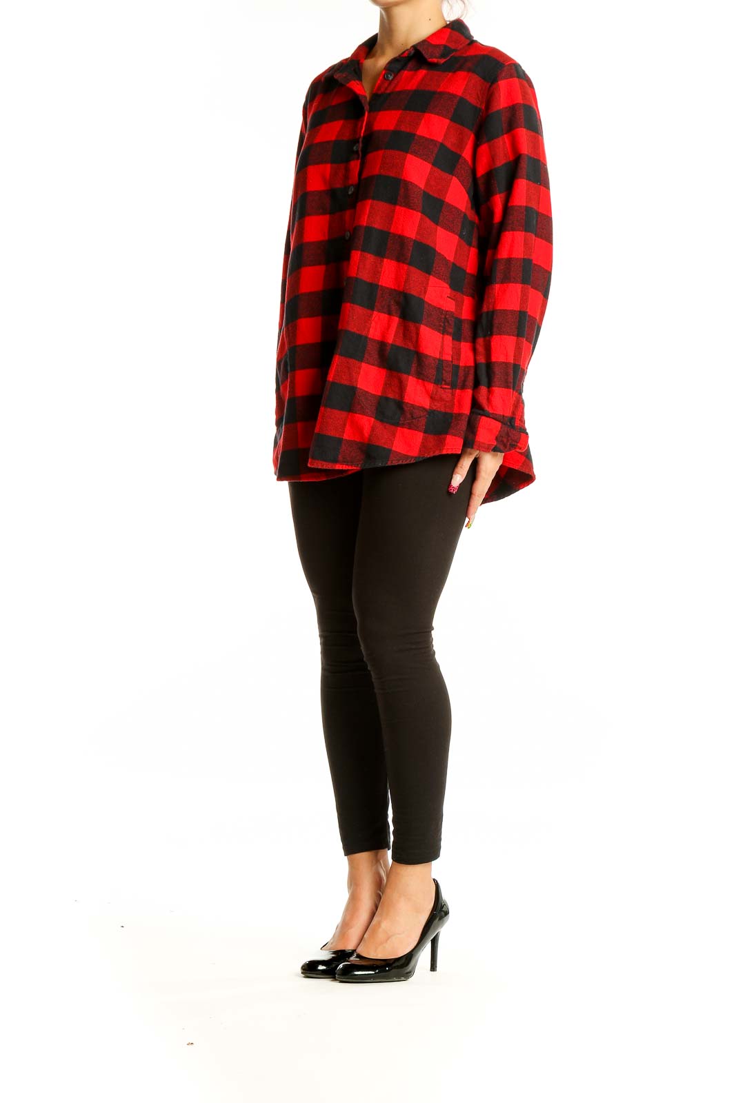 Front view of Joan Rivers red and black buffalo check flannel shirt