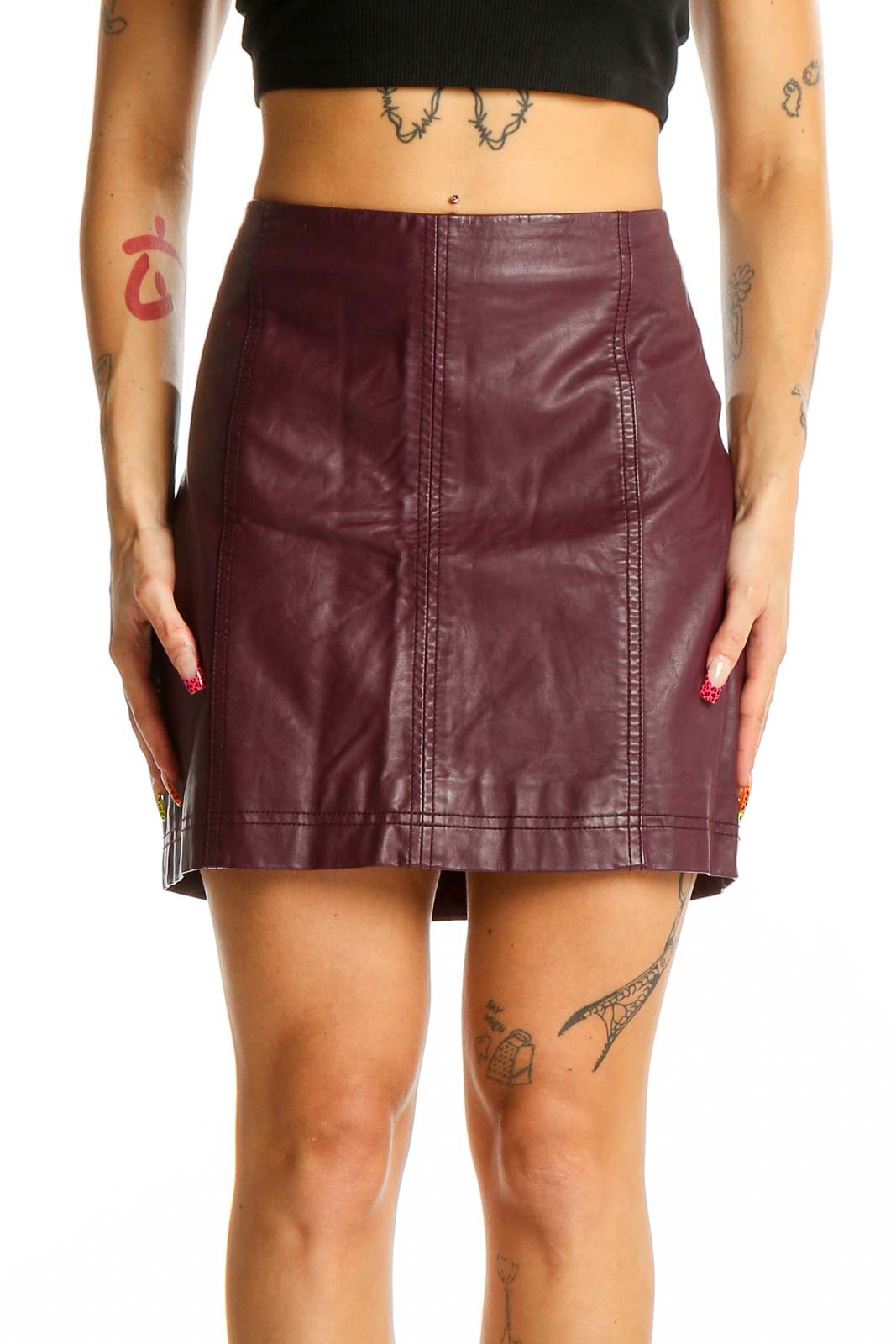 Front view of burgundy leather mini skirt from Free People