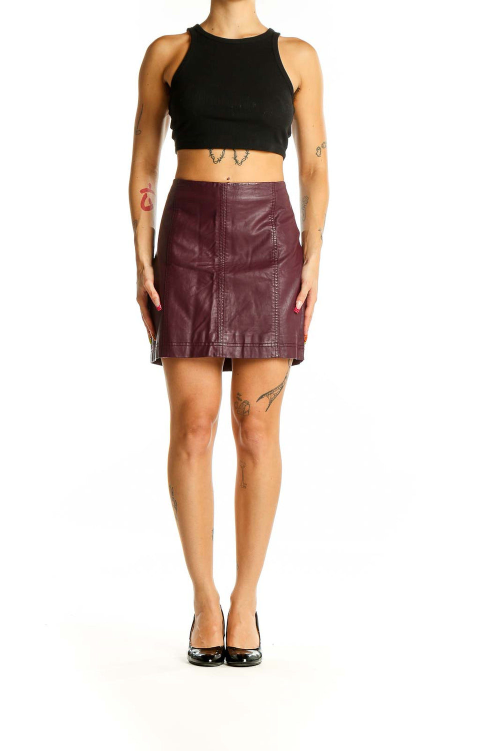 Front view of burgundy leather mini skirt from Free People