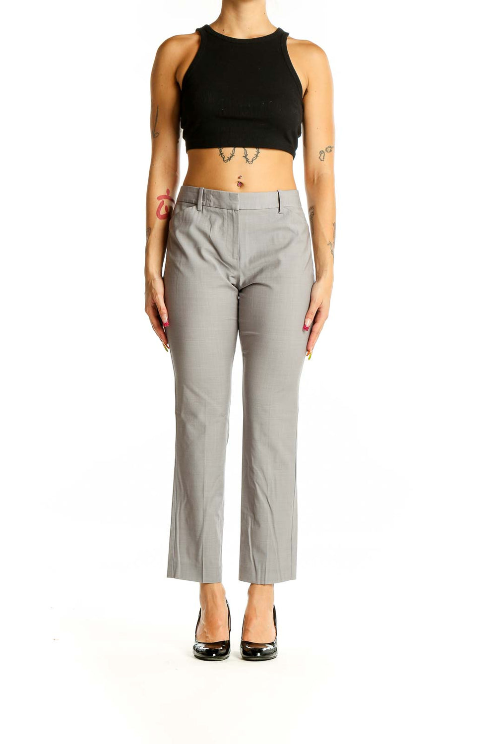 Front view of gray Theory tailored trousers on model