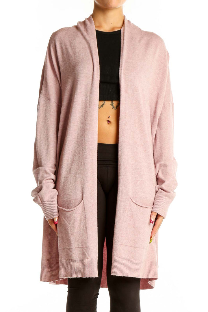 Front view of pink Cyrus long open front cardigan