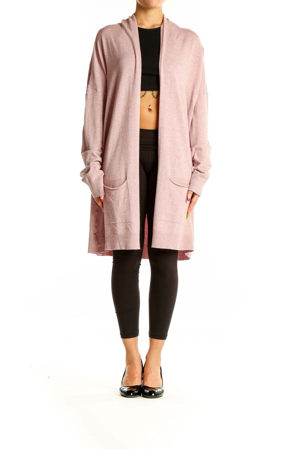 Front view of pink Cyrus long open front cardigan