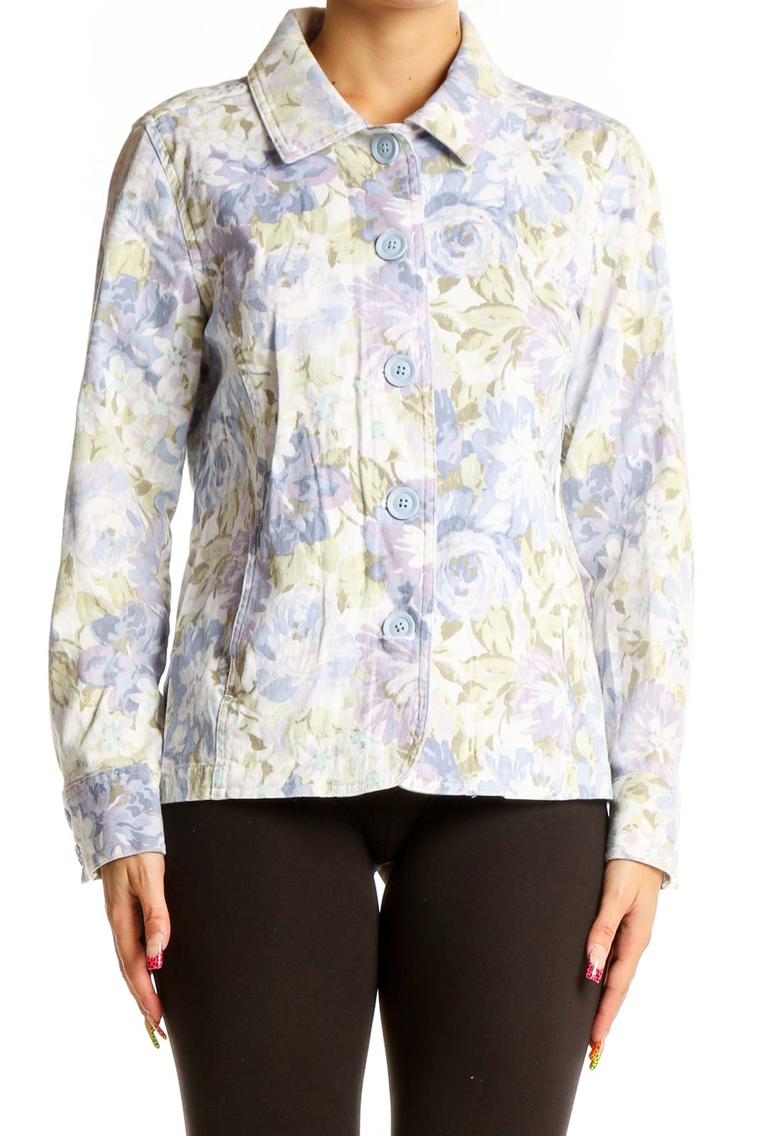 Front view of Croft & Barrow pastel floral button-up jacket