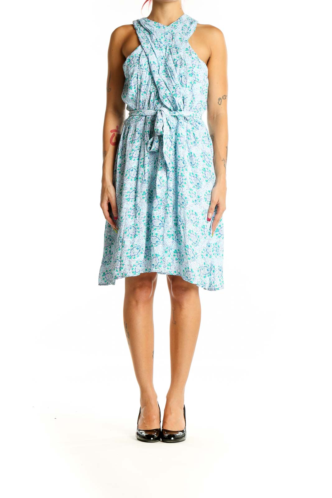 Front view of LOFT blue floral halter dress with gathered waist