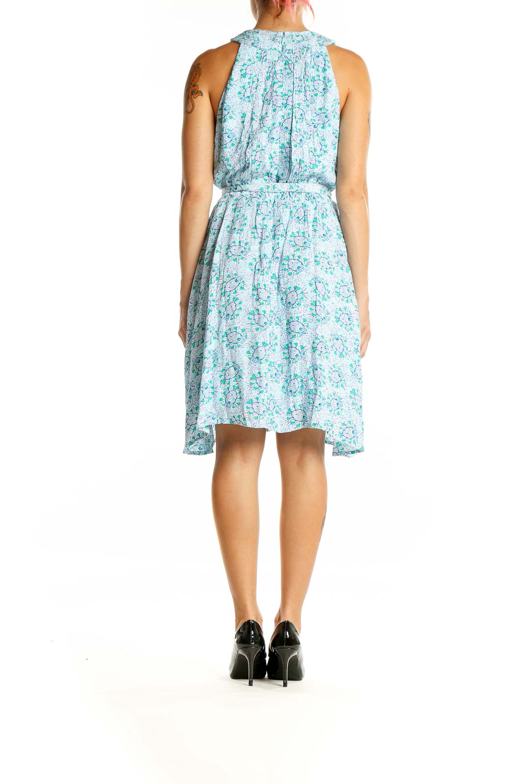 Back view of LOFT blue floral halter dress showing sleeveless design