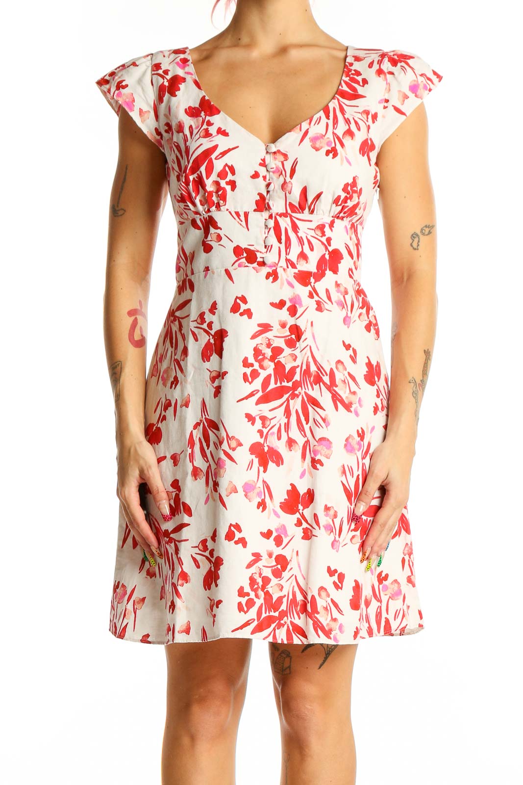 Front view of Banana Republic red floral cotton dress with cap sleeves