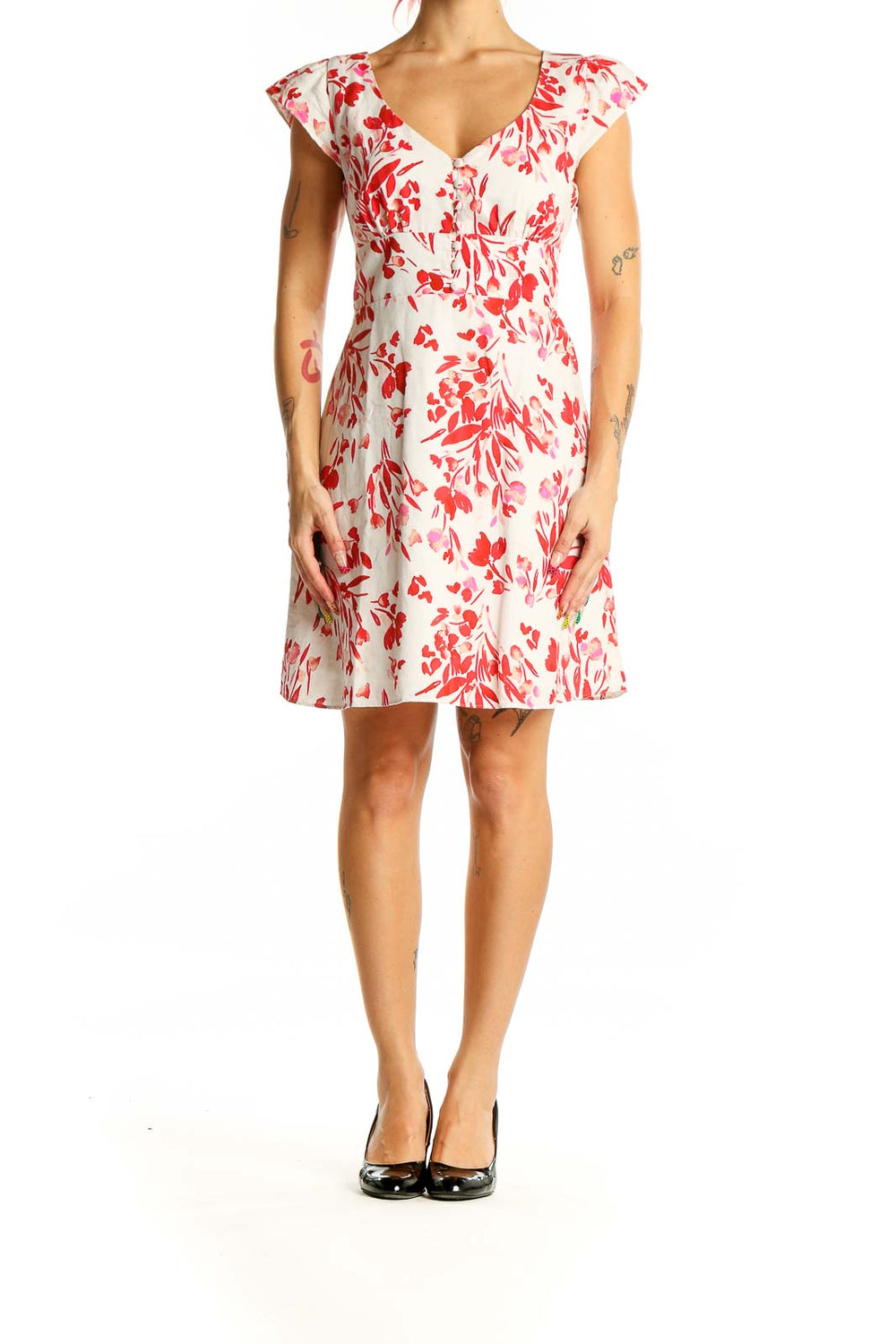 Front view of Banana Republic red floral cotton dress with cap sleeves