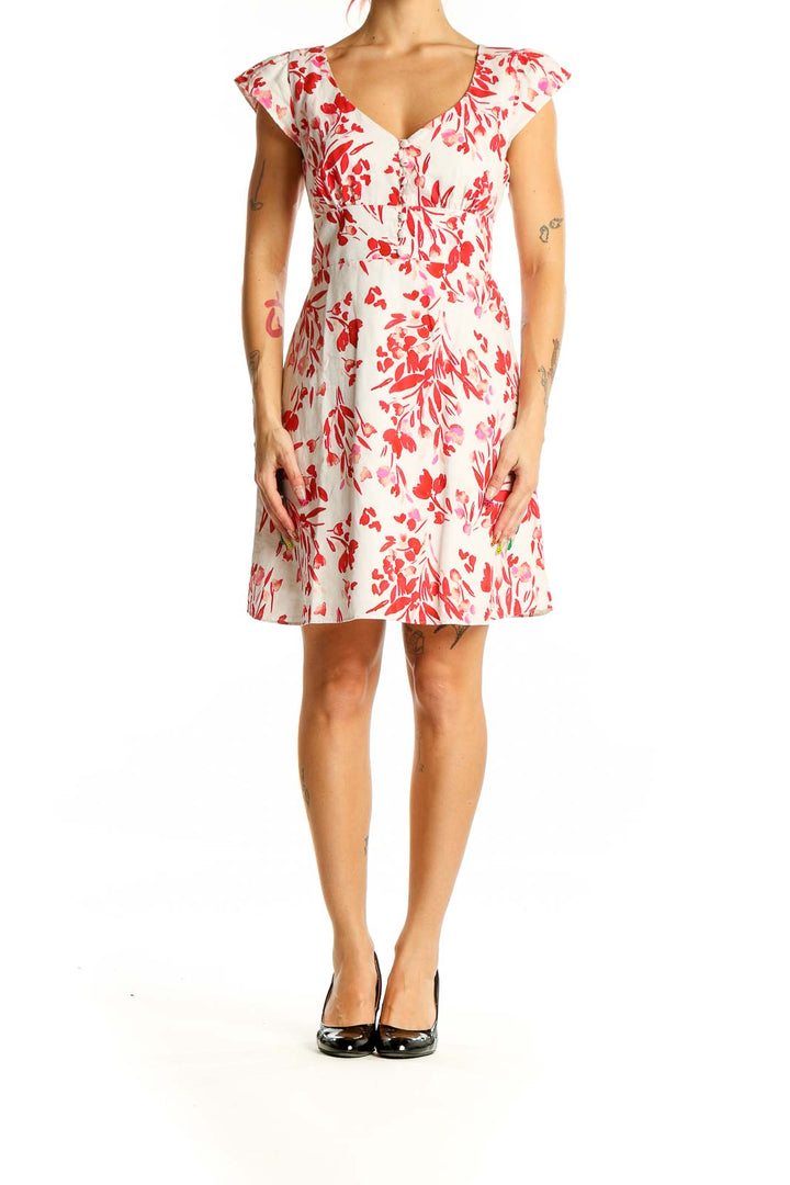 Front view of Banana Republic red floral cotton dress with cap sleeves