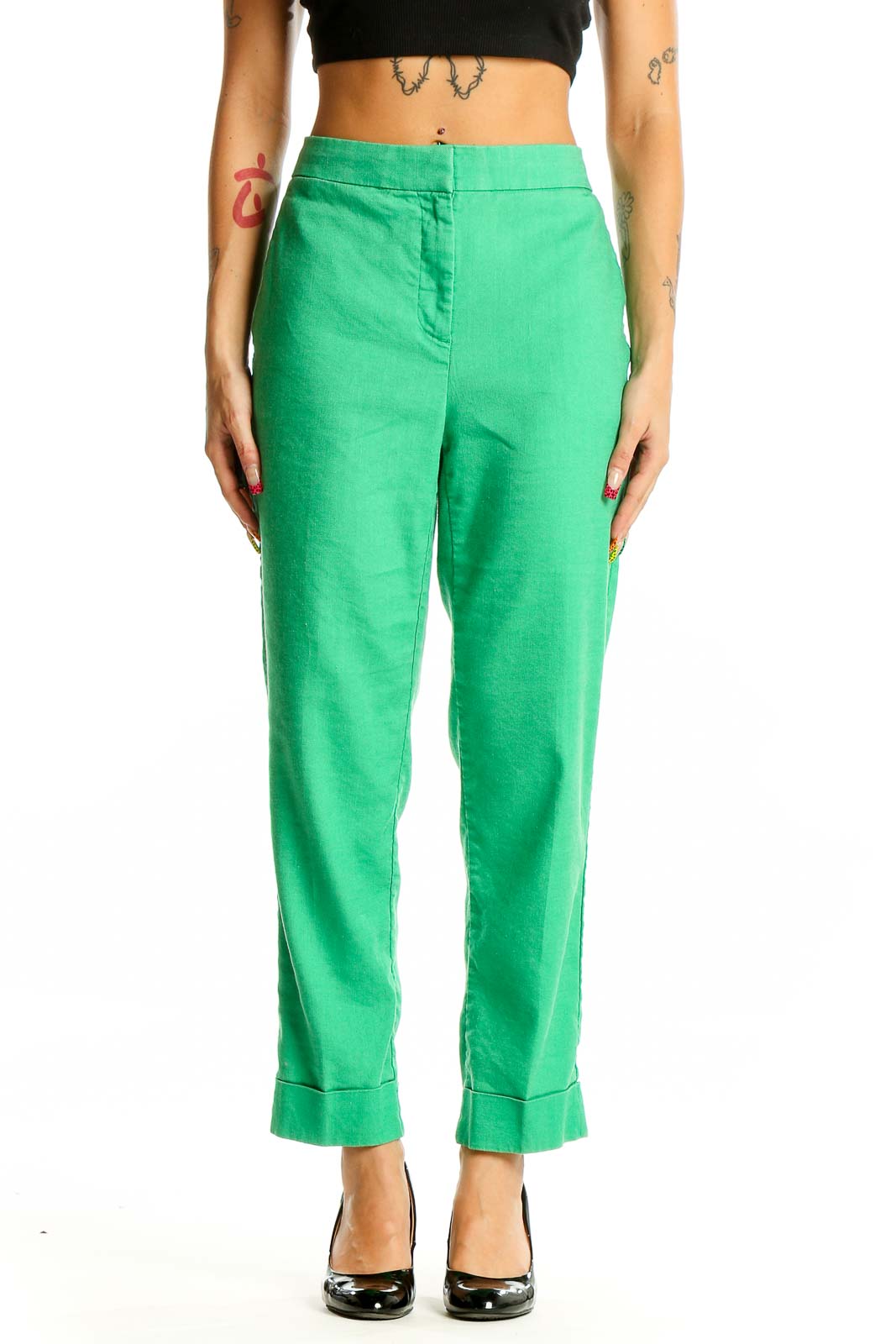 Front view of Ann Taylor green linen blend cropped trousers