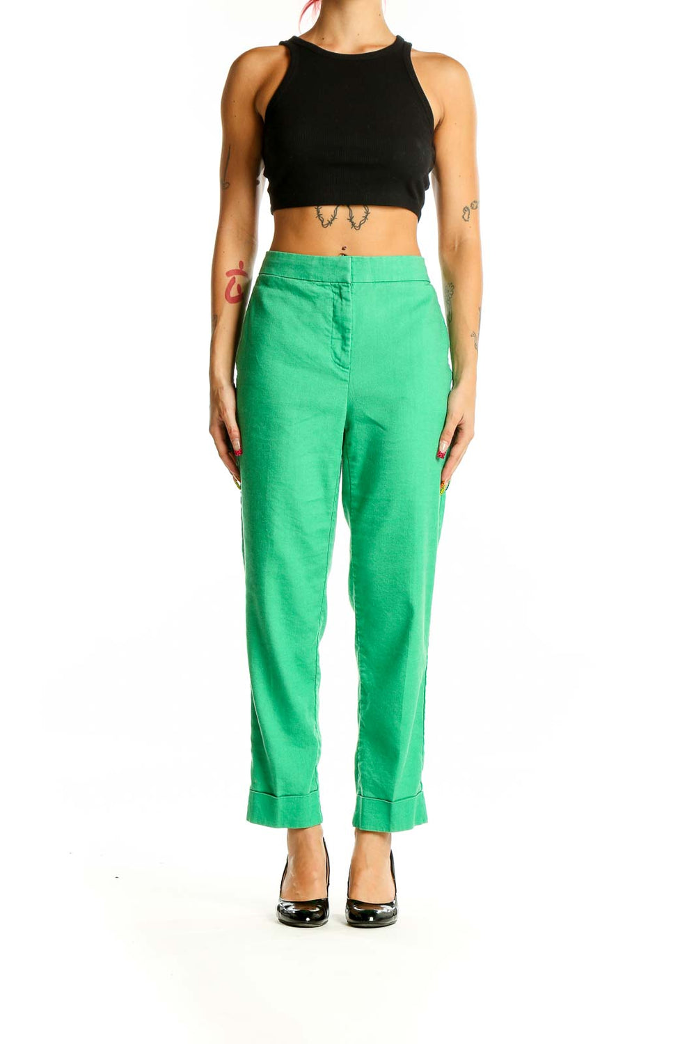 Front view of Ann Taylor green linen blend cropped trousers