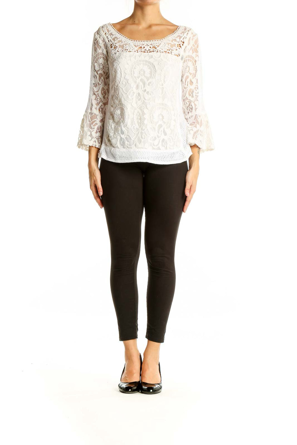 Front view of Nanette Lepore white lace blouse with bell sleeves