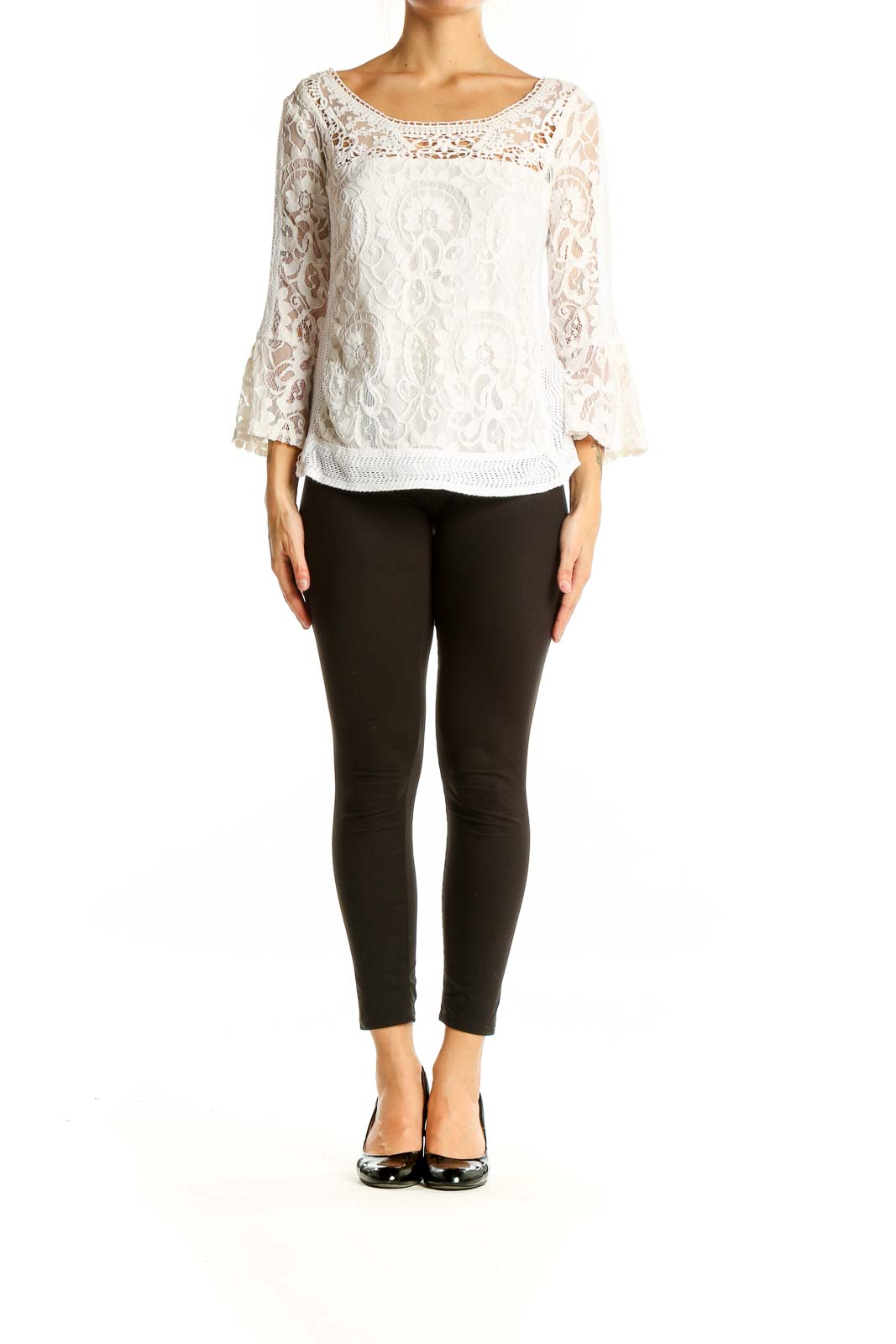 Front view of Nanette Lepore white lace blouse with bell sleeves