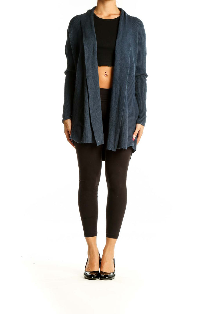 Front view of J.Jill navy ribbed open-front cardigan on model