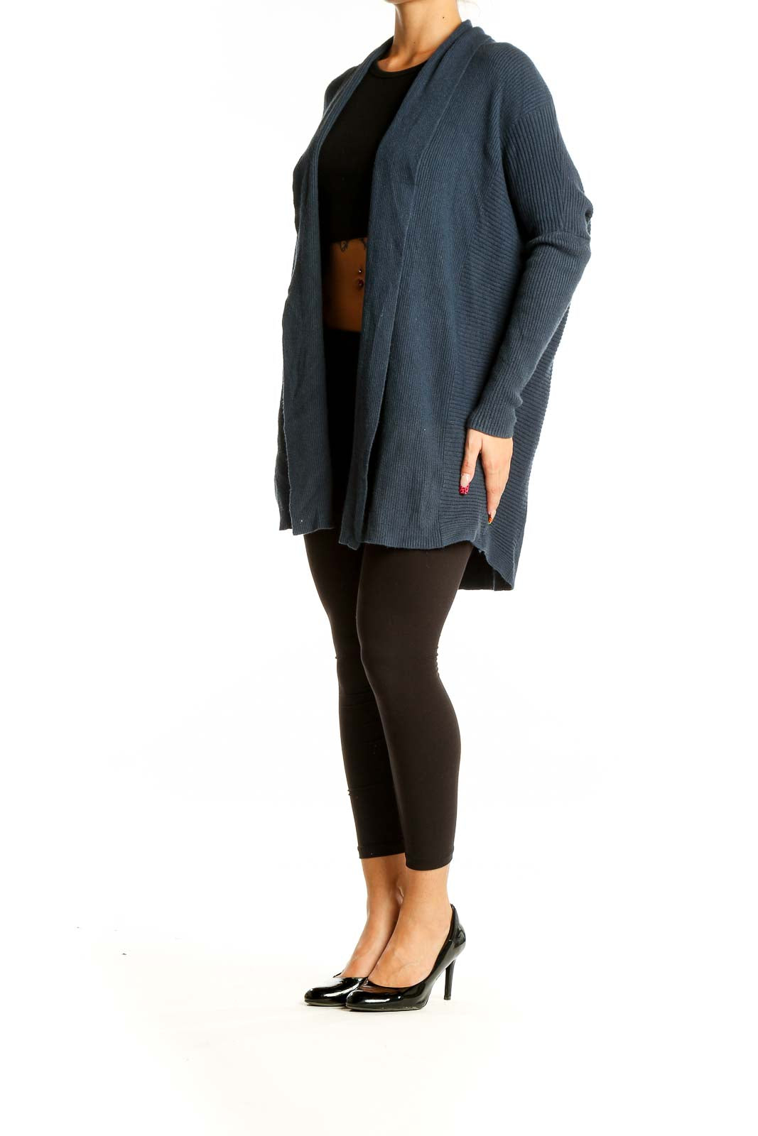 Front view of J.Jill navy ribbed open-front cardigan on model